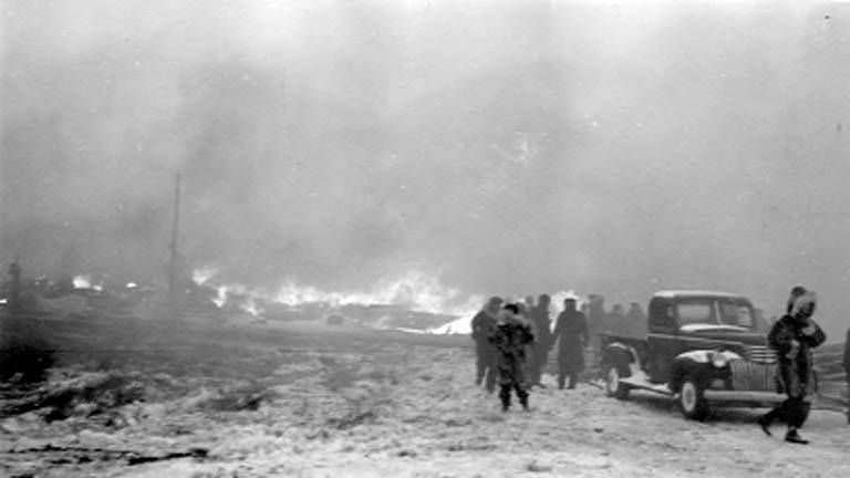 Photo of the massive fire on September 17, 1934, which nearly destroyed the town of Nome. (University of Washington digital archive)