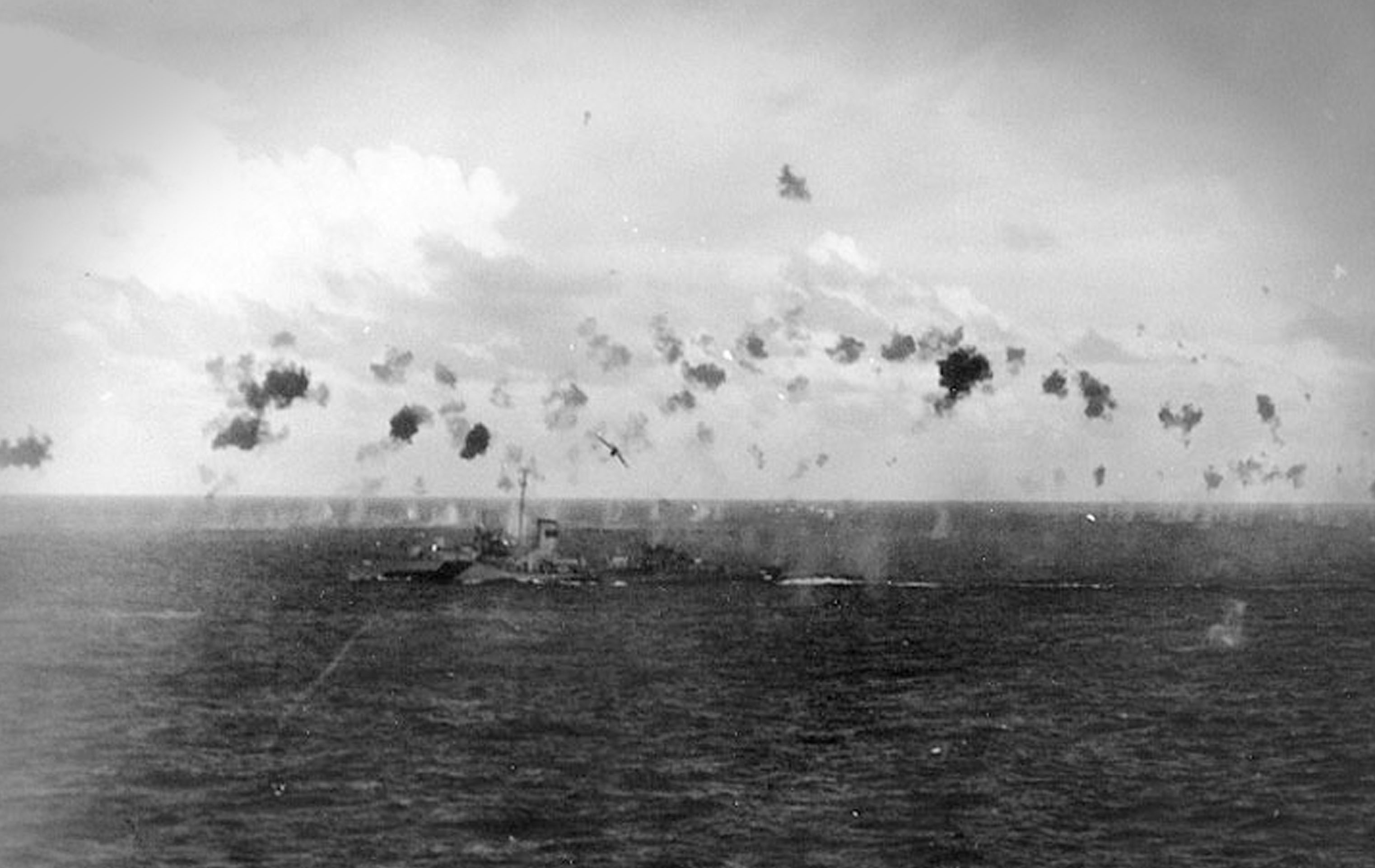 Japanese kamikaze aircraft under heavy fire in the Philippines as they attack U.S. ships in early January 1945. (National Archives) 