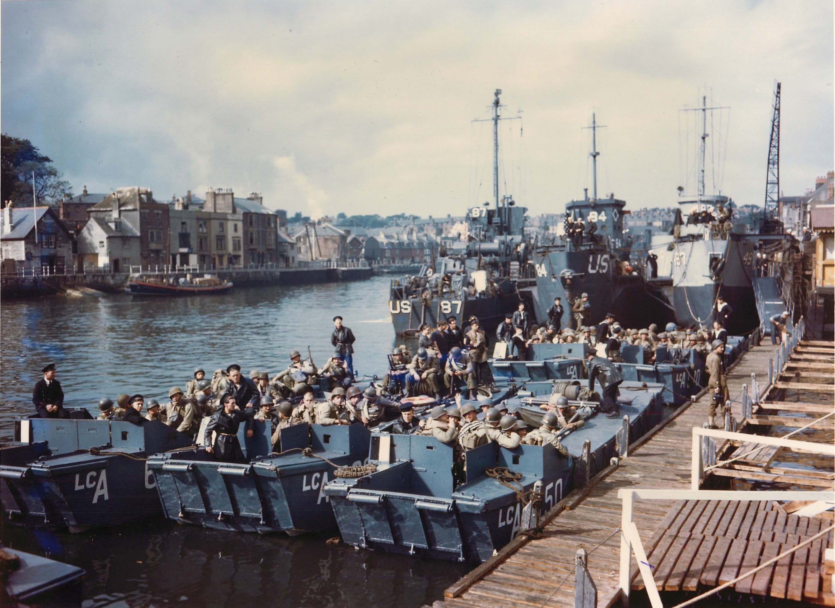 Coast Guard-manned LCIs and smaller landing craft in England just before the voyage across the English Channel to Normandy. (U.S. Coast Guard)