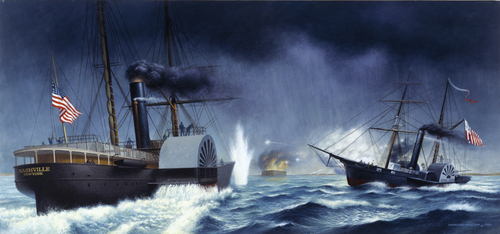 3.	Revenue Cutter Harriet Lane forces the merchant steamer Nashville to show her colors during the bombardment of Fort Sumter on April 12th, 1861. This illustration, titled “The Cutter Harriet Lane Fires across the Bow of Nashville,” was painted by Coast Guard artist Howard Koslow. (Coast Guard Collection)