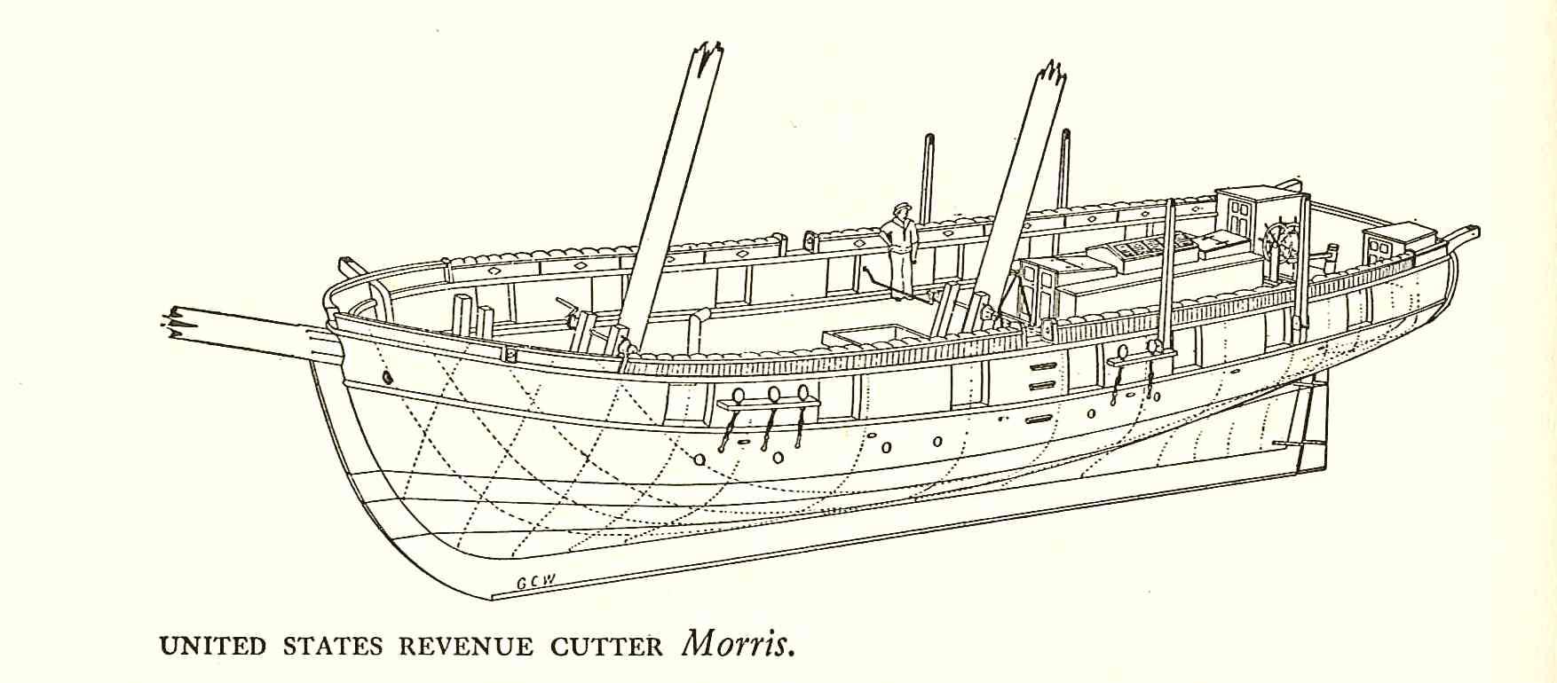 3.	Three-dimensional view of Revenue Cutter Morris showing the vessel’s hull lines and deck configuration. (Howard Chapelle, History of American Sailing Ships).