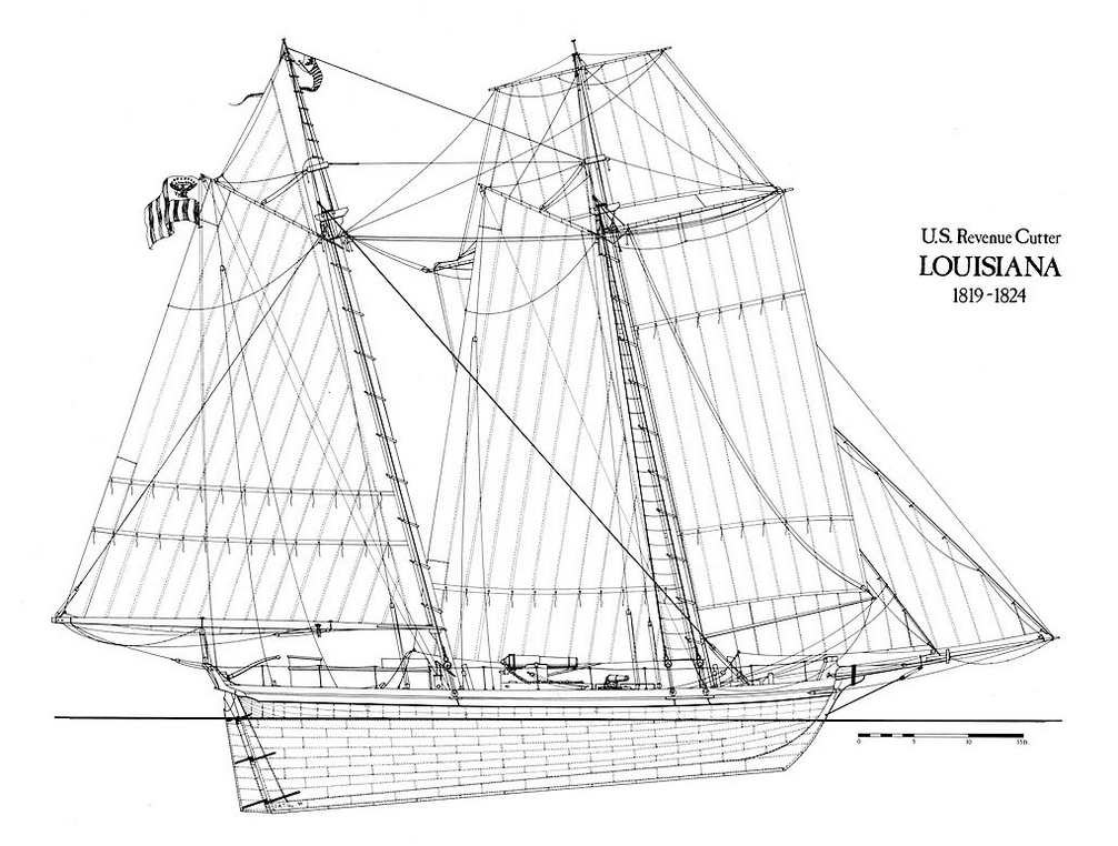 A drawing of Revenue Cutter Louisiana, sister cutter of the Alabama. These cutters measured 55 feet in length and 18 feet wide. These cutters were originally equipped with a pair of 3-pound cannons, which was later increased to four. (U.S. Coast Guard)