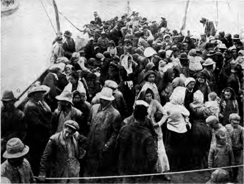 Local victims of the Katmai eruption crowded on the deck of Revenue Cutter Manning, June 6, 1912. (Alaska Volunteer Observer)