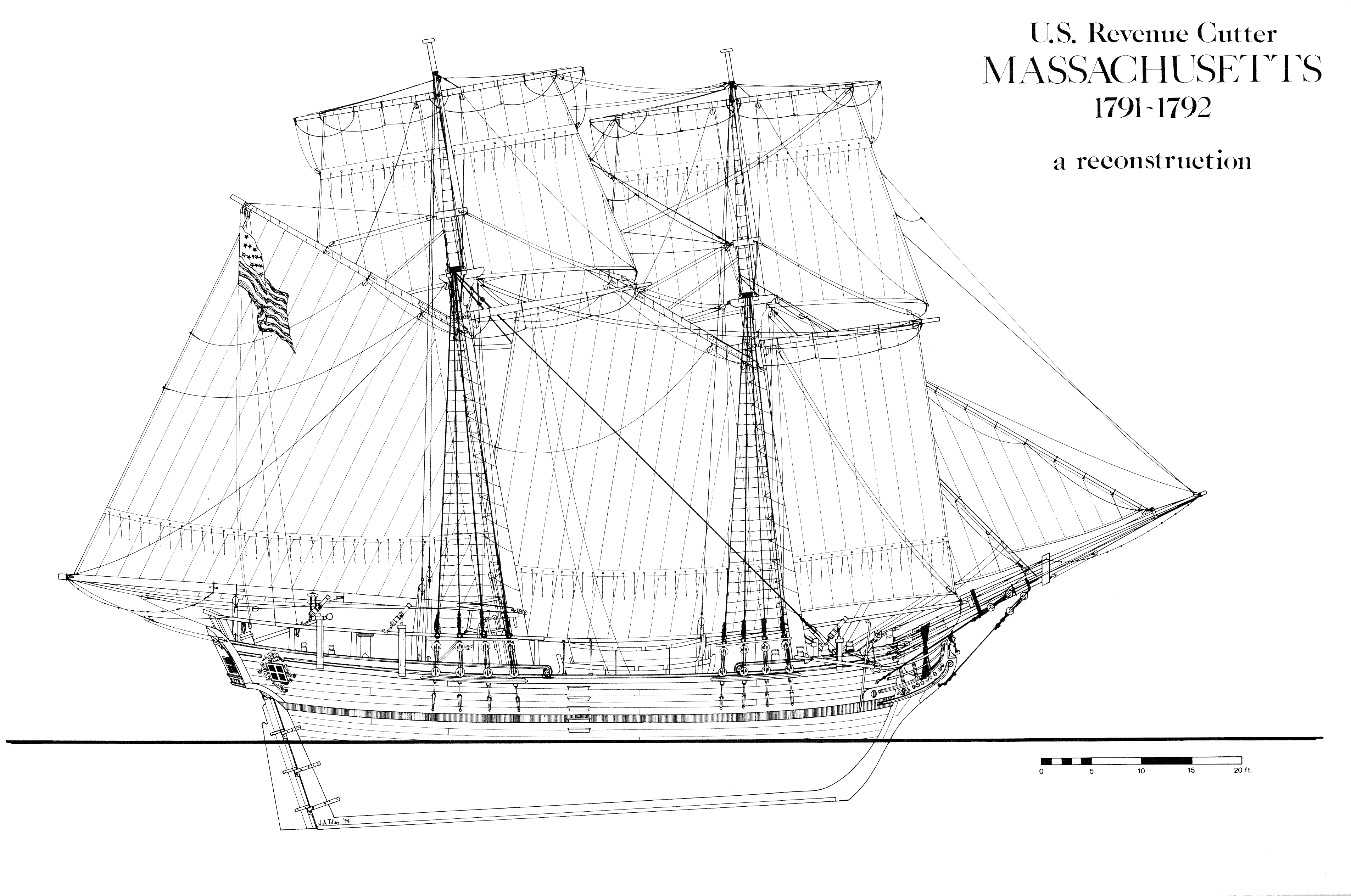 Profile view of Revenue Cutter Massachusetts, considered by many to be the first cutter completed and ready for service. (Coast Guard Collection)