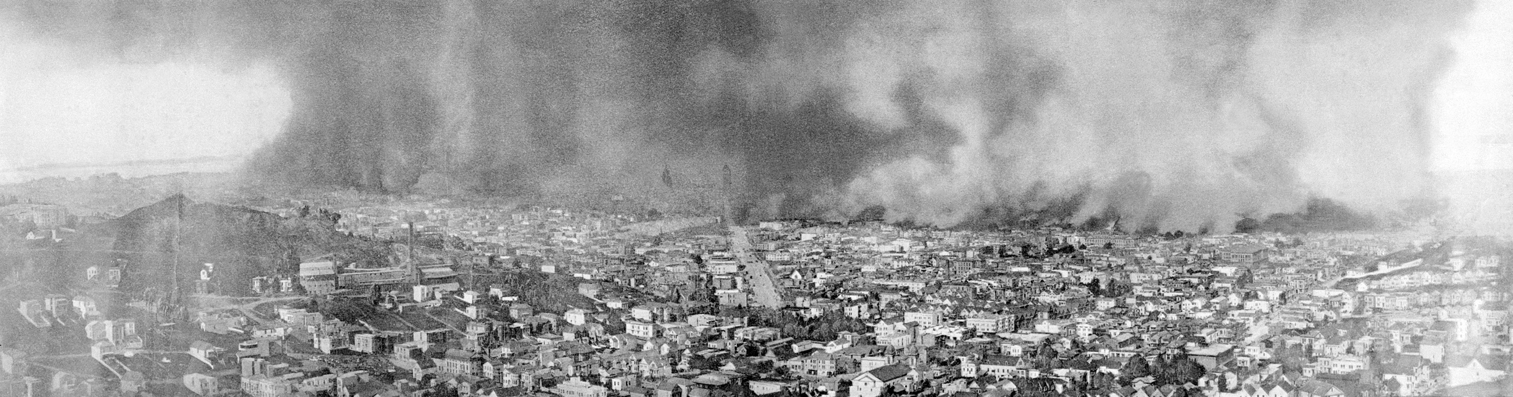 Picture from the hills west of San Francisco showing the waterfront and downtown in flames. (Wikipedia)