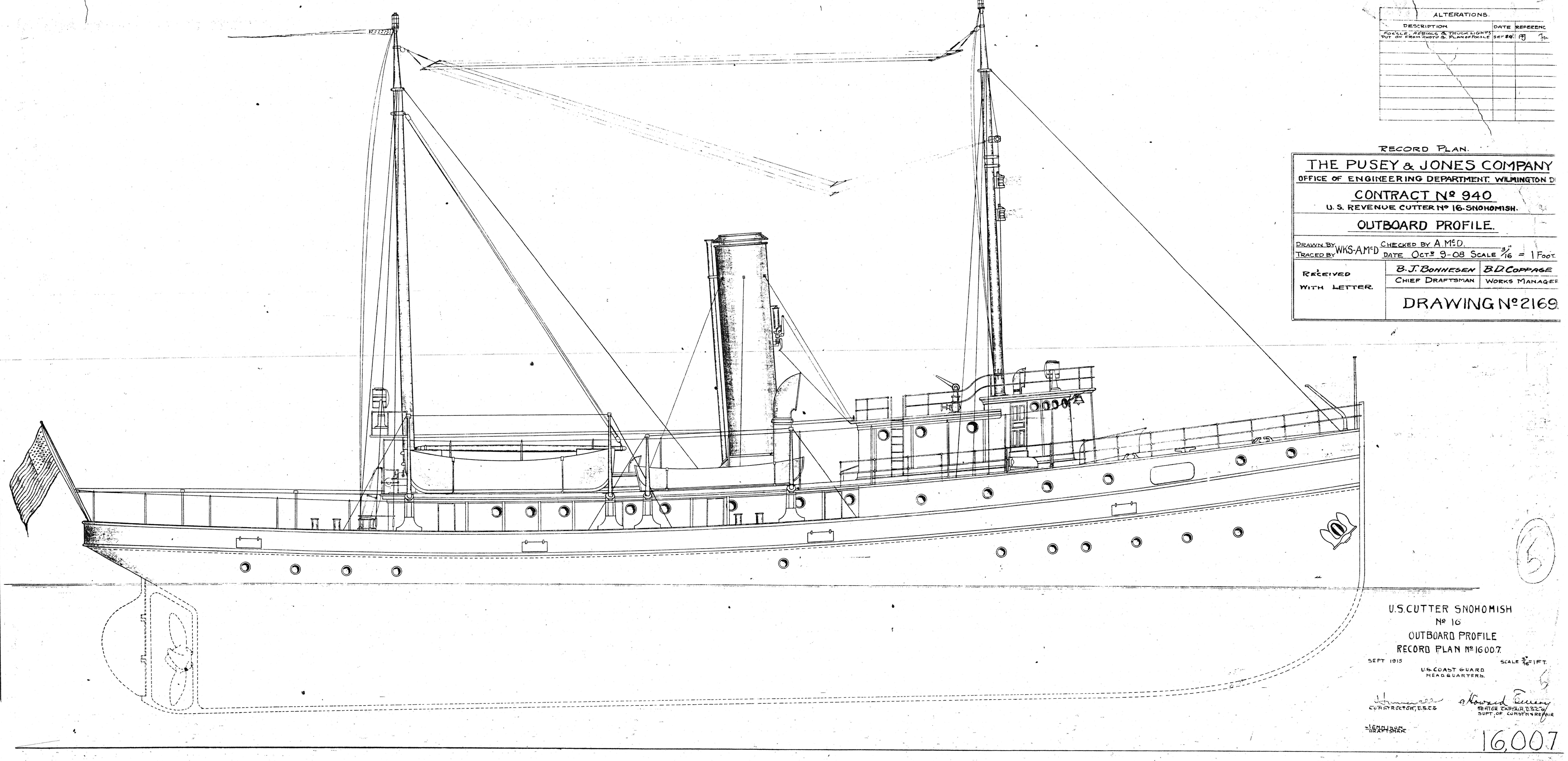 Profile view of Snohomish from the plans of builder Pusey & Jones Shipbuilding Company in Wilmington, Delaware. (National Archives)