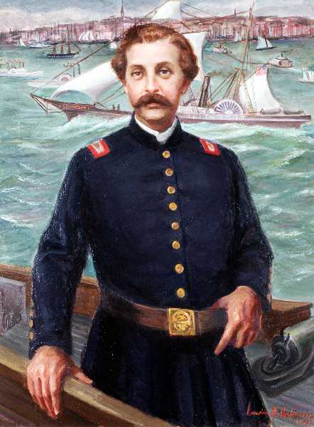 Painting of Alexander Fraser showing his home town of New York and the cutter Harriet Lane in the background. (U.S. Coast Guard Collection)