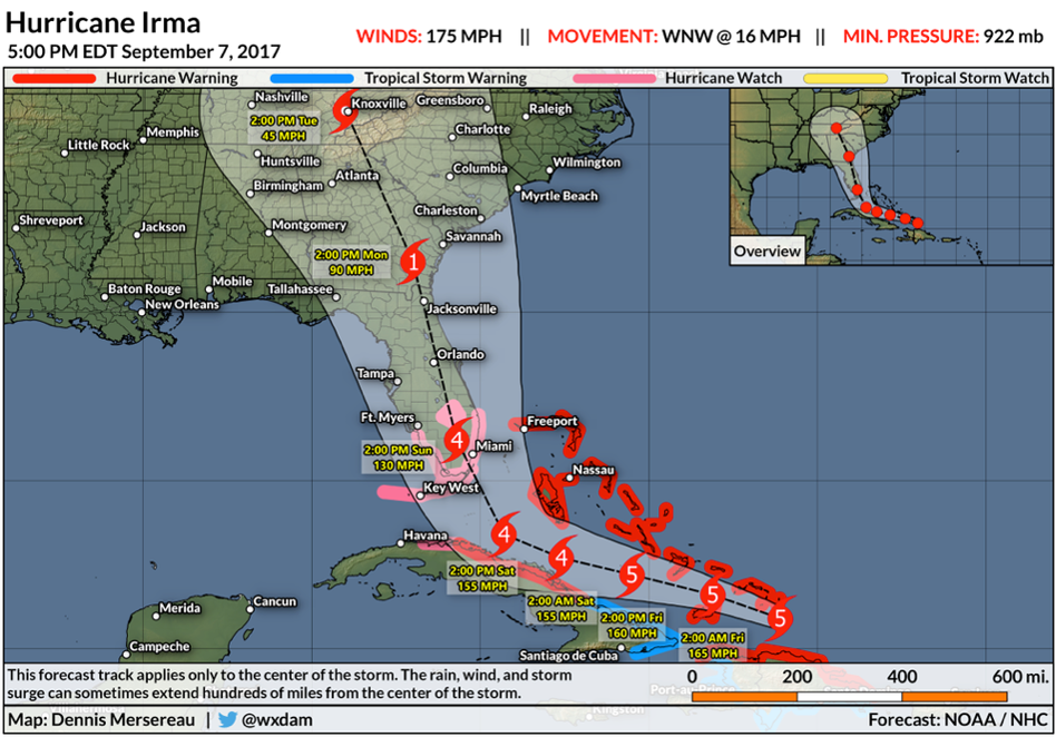 Map showing the storm track of 2017’s Hurricane Irma through Cuba and Florida Keys similar to the track of the Key West Hurricane of 1846. (Dennis Mersereau)