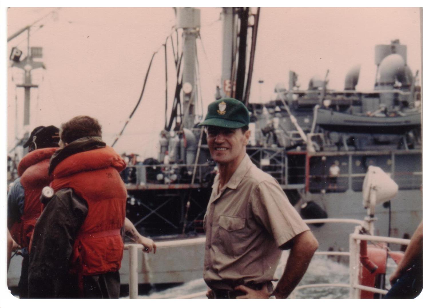 HSC Joe White at sea on board HEC Bering Strait during refueling operation from a U.S. Navy oiler. (Mrs. Misa White)